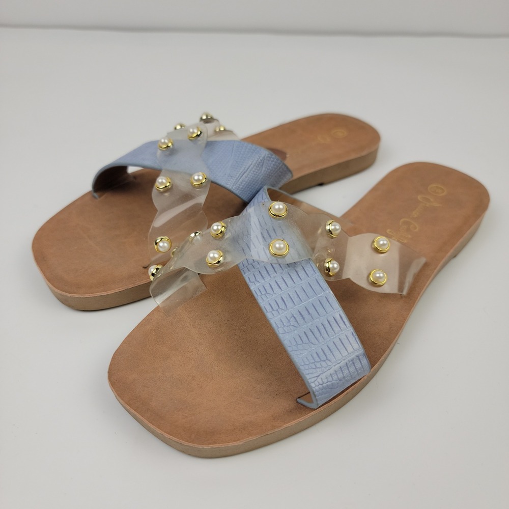 Jessica Carlyle Womens 8W Blue Faux Croc Pearl Clear Strap Slide Sandals